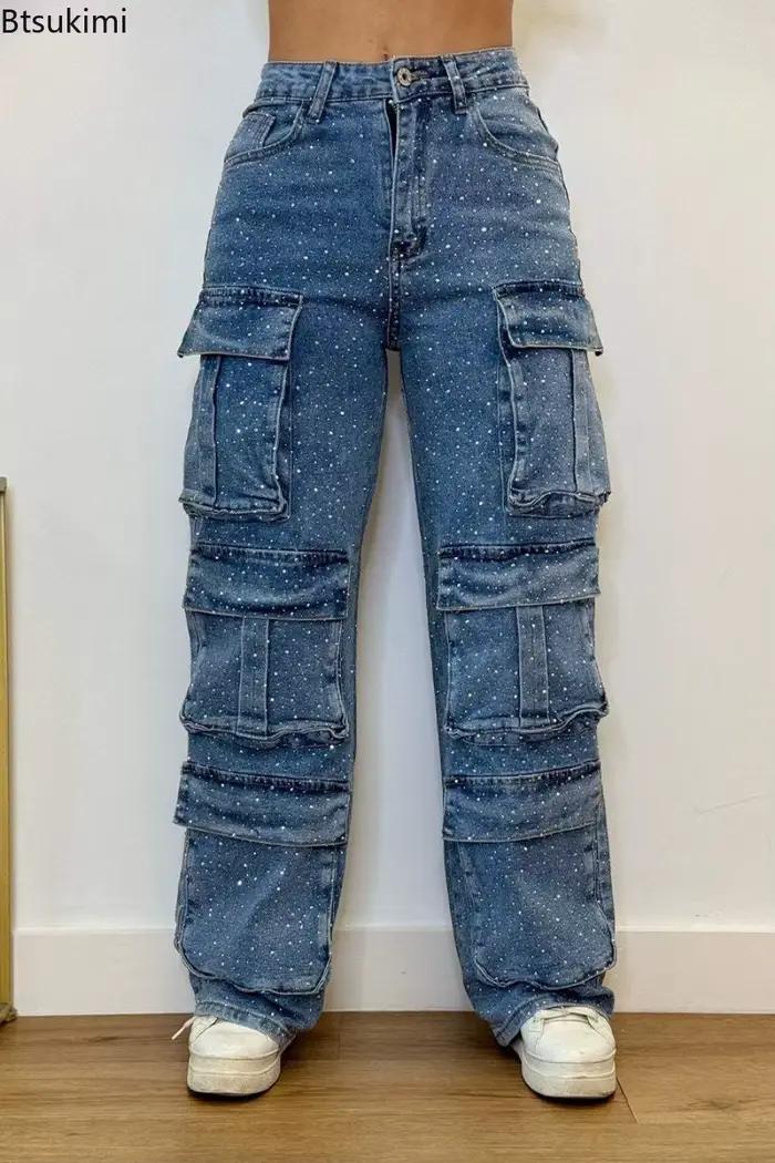 Pantalons cargo jeans taille haute pour femmes avec strass complet, streetwear chic, décontracté, pour toutes les saisons et occasions, jeans Btsukimi