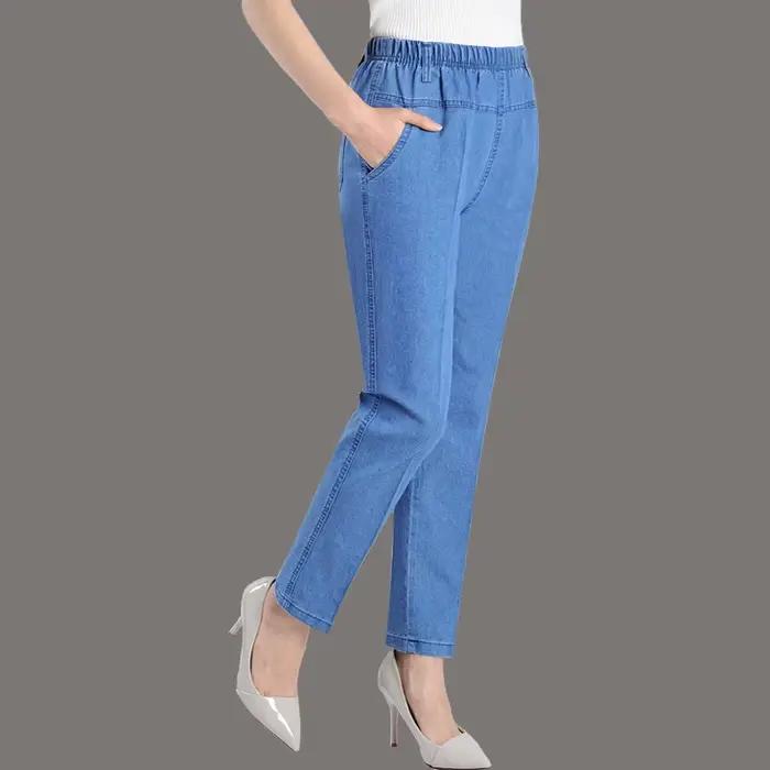 Jean femme senior printemps automne décontracté ample haut élastique brodé denim mince style droit ocassions variées