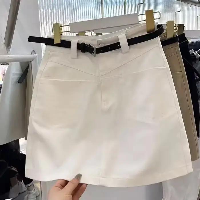 Jupe en jean kaki taille haute coupe trapèze mini pour femme
