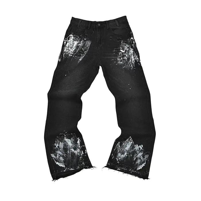 Jean Baggy noir délavé peint à l'encre de rue pour hommes pantalon en Denim droit Vintage ample décontracté