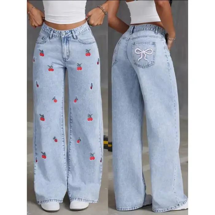 Jean brodé taille haute pour femmes