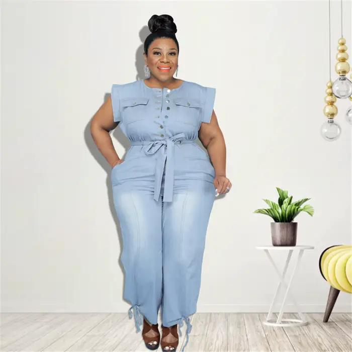Combinaison en denim à col rond pour femmes