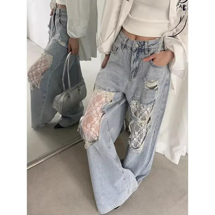 Dentelle déchirée américaine rétro Y2K années 2000 épissée ​ ​ Jean femme ample jambes larges 2025 Style d'été Design taille haute pantalon droit