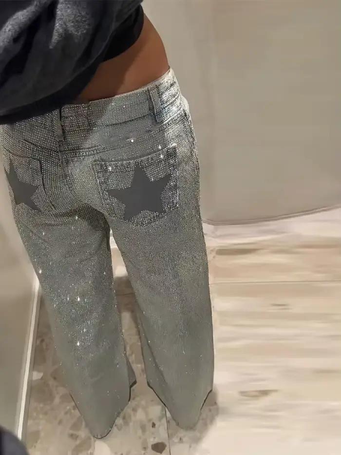 Jean chic à strass étoiles brillantes pour femme – Pantalon long droit taille mi-haute décontracté et polyvalent pour l'été et l'automne