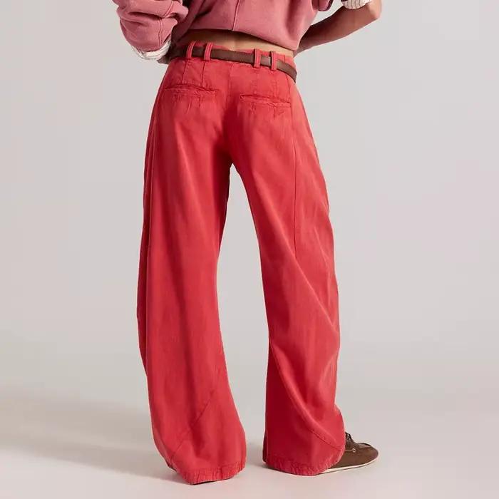 Pantalon large décontracté taille haute en coton lavé coupe baril pour femme