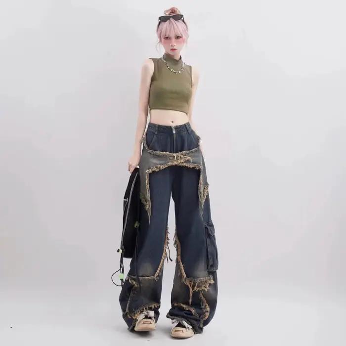 Jean Vintage américain délavé à cinq points pour femmes, ourlet effiloché, Niche de rue, pantalon Long surdimensionné à jambes droites, nouvelle collection
