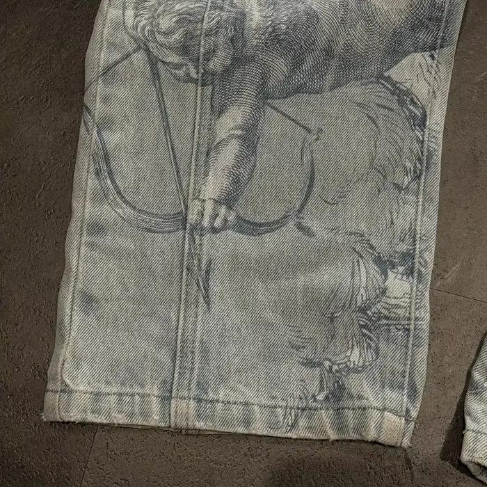 Nouveau Jean Droit Rétro Tendance Motif Ange Cupidon Y2K Délavé Style Américain Urbain Décontracté Coupe Droite Ample Unisexe