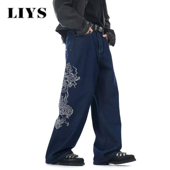 LIYS Nouveau Jean Baggy Bleu Brodé Dragon pour Homme