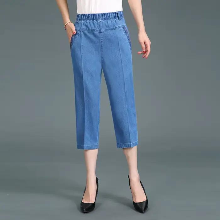 Jean décontracté pour femme en denim mince avec broderie, longueur mollet, taille haute, pour l'été et les occasions spéciales