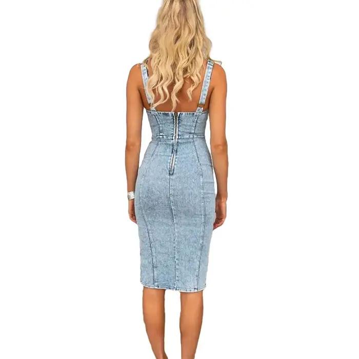 Robe en jean à bretelles spaghetti pour femmes, longueur aux genoux, vintage, éducative