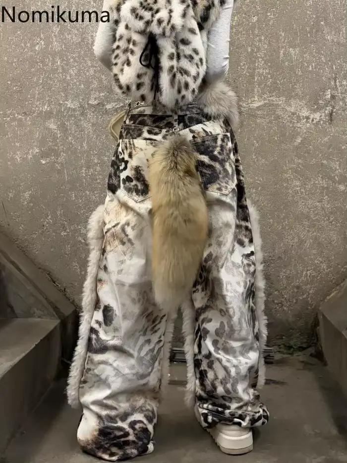 Harajuku Y2k jean Patchwork imprimé léopard Pantalon à jambes larges pour femmes