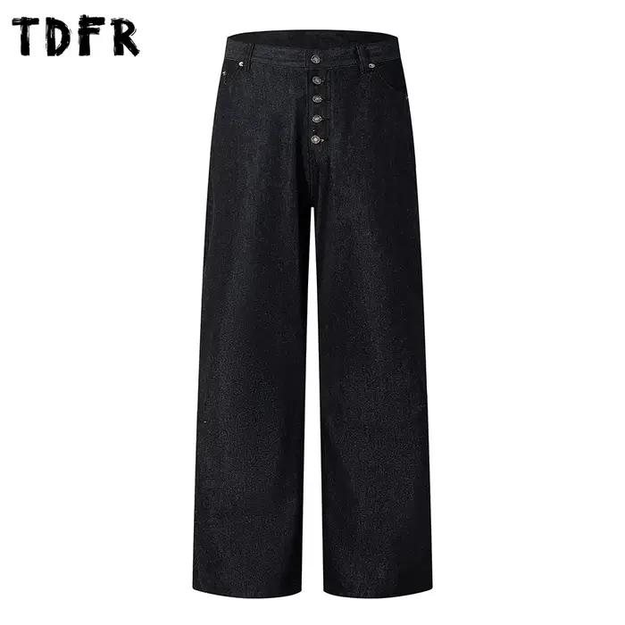 Bouton jean foncé hommes rétro décontracté ample jambe droite