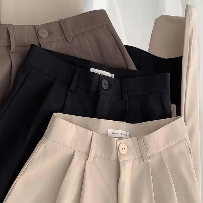 Pantalon droit taille haute pour femme mode coréenne bouton décontracté polyester viscose bureau occasions spéciales automne 2024