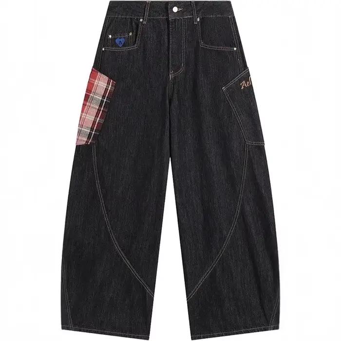 Jean en denim bleu foncé à carreaux patchwork