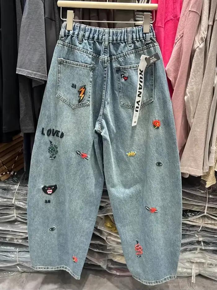 Grande taille 5XL 140kg automne Vintage jean élastique Wasit broderie