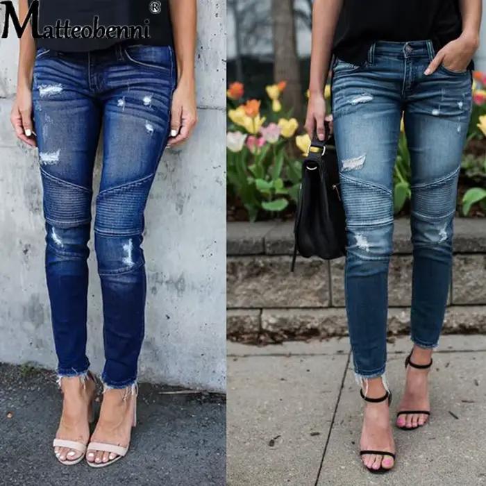 Mode taille moyenne jean moulant femmes Vintage en détresse Denim pantalon automne serti détruit crayon décontracté déchiré