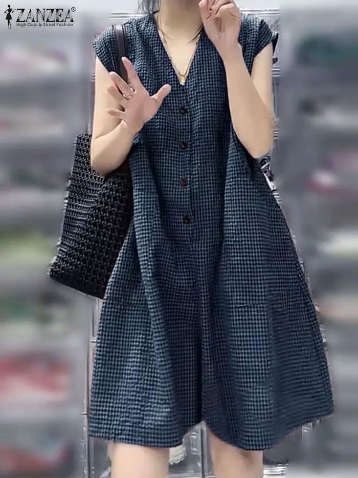 2025 ZANZEA mode femmes jambes larges combinaisons été Plaid à carreaux salopette pantalon décontracté col en V sans manches travail barboteuses surdimensionné