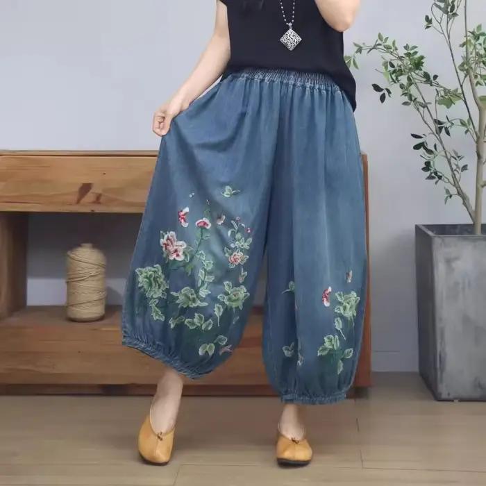 Pantalon bouffant brodé en Denim bleu pour femmes