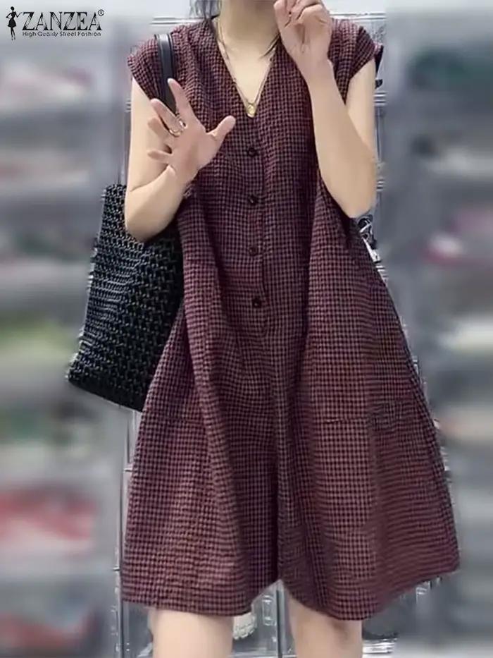 2025 ZANZEA mode femmes jambes larges combinaisons été Plaid à carreaux salopette pantalon décontracté col en V sans manches travail barboteuses surdimensionné