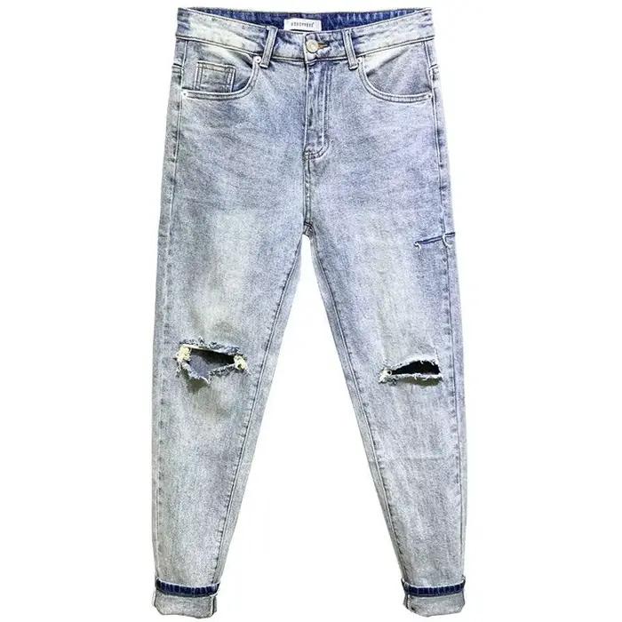 Nouveau Streetwear jean bleu clair homme marque tendance vieux lavé coréen coupe ajustée délavé petits pieds pantalon