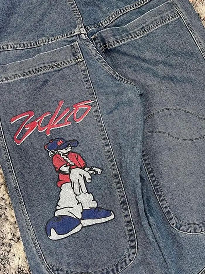 Jean Baggy à jambes larges avec broderie de dessin animé et poches imprimées graphiques – Y2K rétro Streetwear mode pour femmes