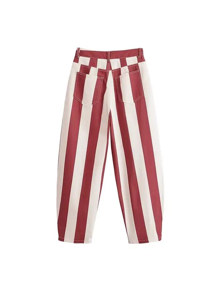 TFMLN Jean Femme Rayé Coupe Courbée Taille Haute Couleur Contrastante Ample Décontracté Fermeture Éclair Pantalon Long Chic Urbain Nouveau Modèle