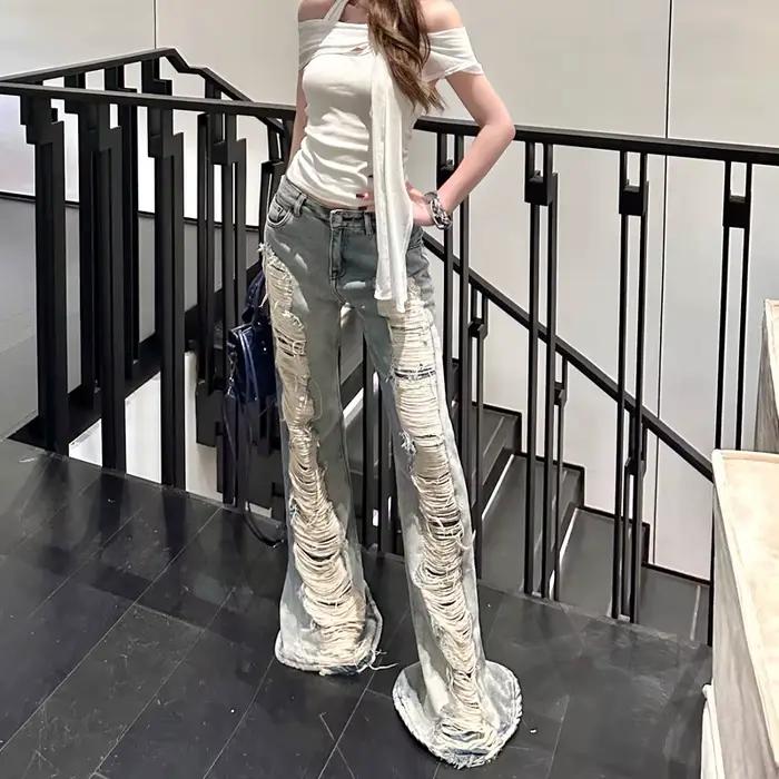 Benuynffy taille basse rétro déchiré jean évasé femme Streetwear mode coréenne mince lavé cloche bas Denim pantalon 2025 nouveau