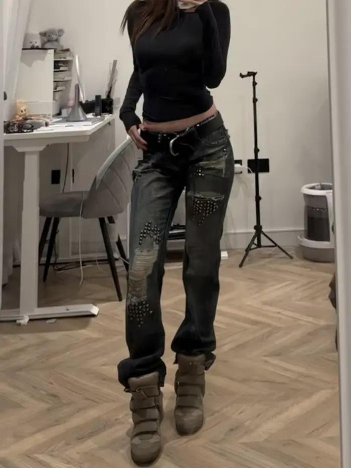 Jean déchiré rétro en détresse pour femme