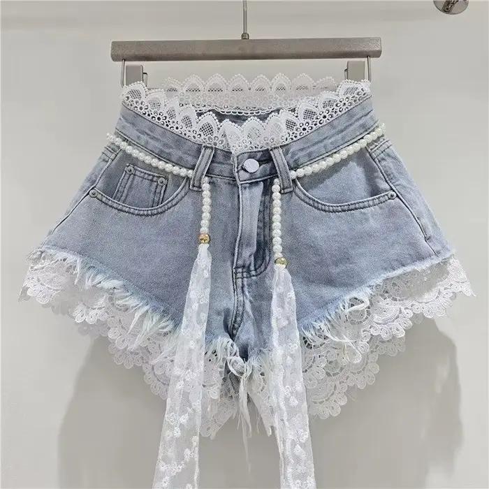 Shorts en jean coréens d'été pour femmes, sexy, doux, avec patchwork en dentelle, shorts chics à taille haute, mode Harajuku Y2K, shorts tendance, nouveauté