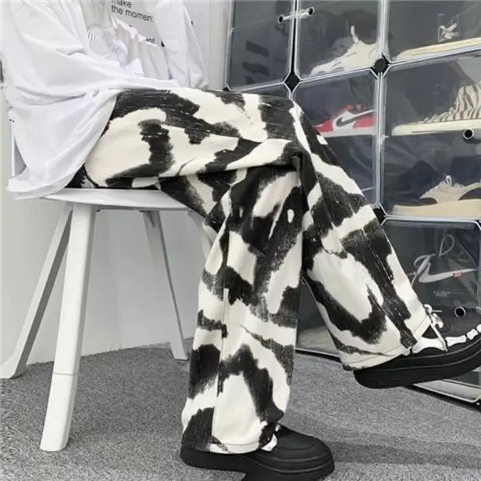 Streetwear zèbre imprimé jean hommes droit décontracté jambe large surdimensionné Denim pantalon Hip Hop Animal Baggy