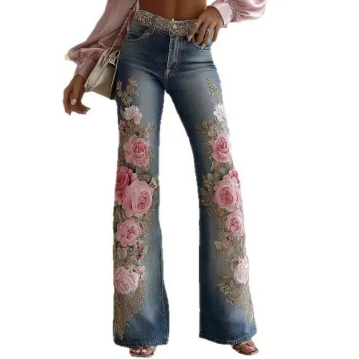 Pantalon évasé imitation denim brodé fleurs pour femmes style rétro basiques occasions formelles automne hiver