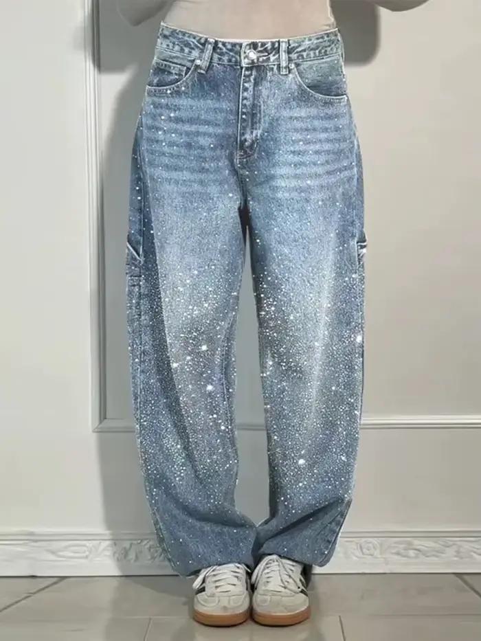 Nouveau femmes brillant luxe tout strass rose Denim jean pantalon taille haute jambe droite