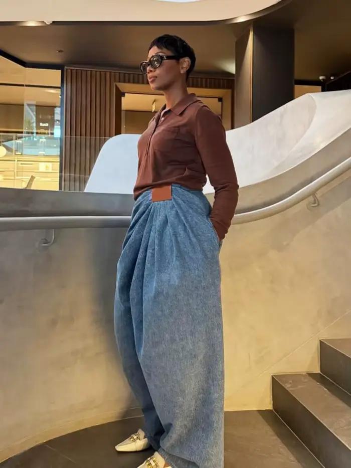 SHENGPALAE Jean large asymétrique en PU style européen et américain avec ceinture à nouer pour femme