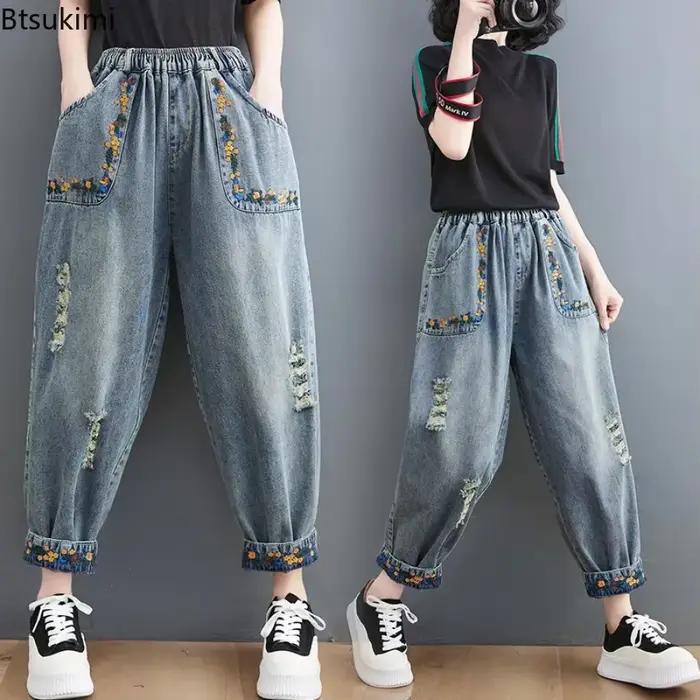 Jean Vintage brodé à trous pour femmes