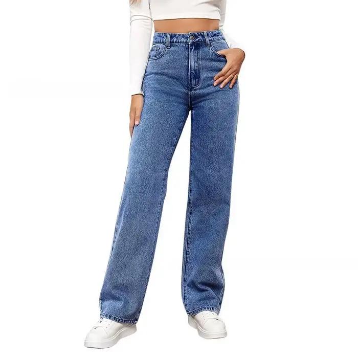 Jean large noir délavé taille haute pour femme