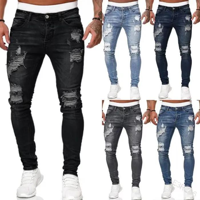 Mode Street Style déchiré Skinny Jeans hommes Vintage lavage solide Denim pantalon