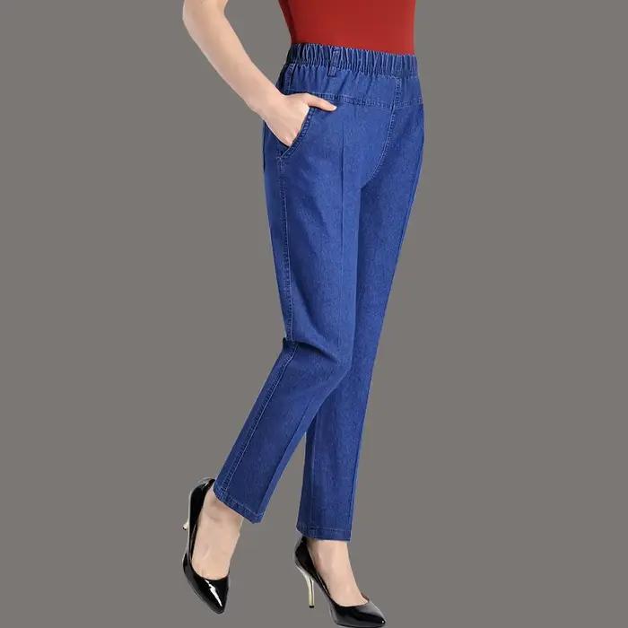 Jean femme senior printemps automne décontracté ample haut élastique brodé denim mince style droit ocassions variées