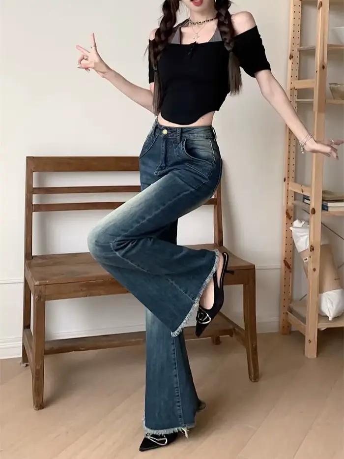 Pantalon de cowboy évasé rétro pour femme avec poches