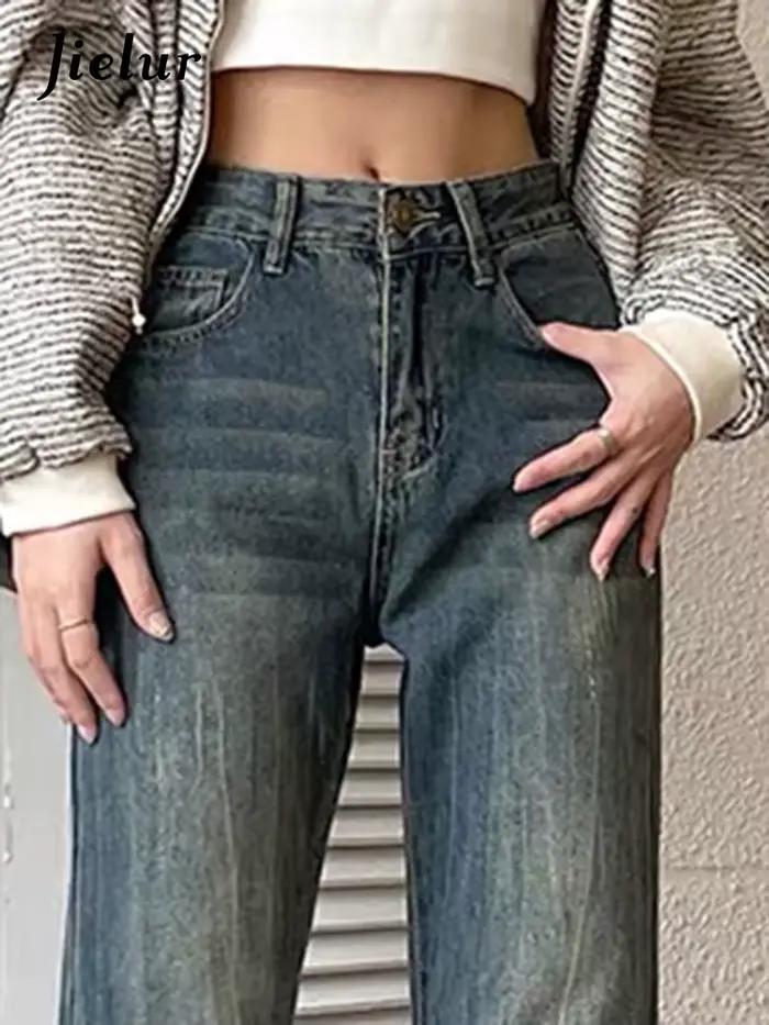 Jielur-Jean Slim Décontracté Vintage Bleu pour Femme