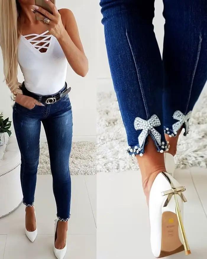 Perles perles jean grande fille taille haute jean extensible mignon nœud mode maigre Denim pantalon élégant Simple lavé arc perlé