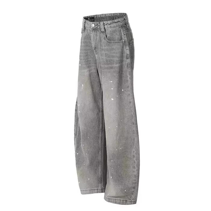 Printemps et automne rétro lavé Vintage gris Splash encre couteau incurvé jean pour hommes et femmes marque à la mode américaine rue lâche P