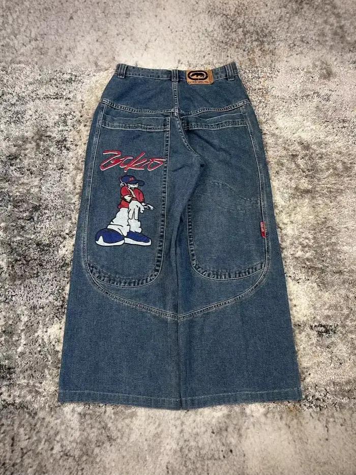 Jean Baggy à jambes larges avec broderie de dessin animé et poches imprimées graphiques – Y2K rétro Streetwear mode pour femmes