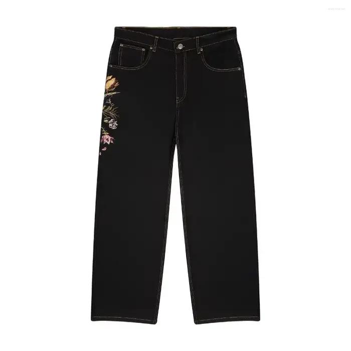 Jean à motif brodé de fleurs Y2K pour hommes et femmes