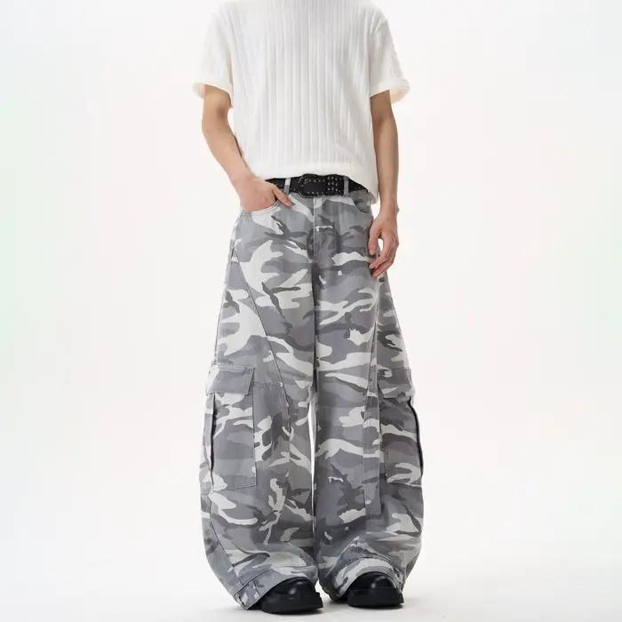 KISKO American High Street Washed Camouflage Wide Leg Knife Edge Jeans Straight Loose Trousers for Men And Women Trendy Brand