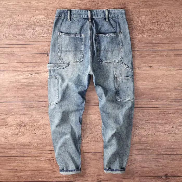 Printemps automne américain Vintage casual Denim jean pour hommes vêtements de travail 100% coton vieux lavé conique droit Harem Cargo pantalon