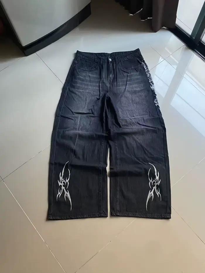 Jeans baggy noirs à imprimé vintage