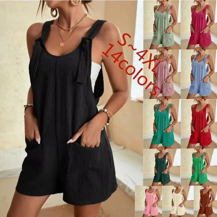 Femmes jambes larges salopette décontracté sangle réglable sans manches Double poche combinaisons Sexy ample basique quotidien barboteuses OUFY-308