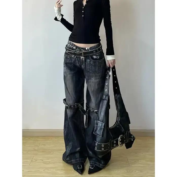 ZHIZOU noir femmes jean taille haute Hip Hop droit mode pantalon Streetwear Harajuku Y2K étoile femme jambe large Denim