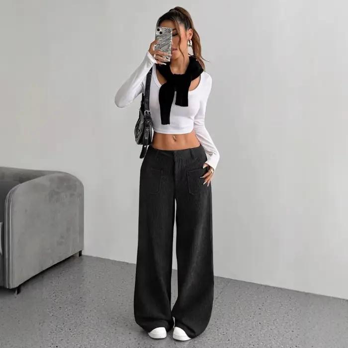 Pantalon en velours côtelé pour femmes ample et décontracté polyester automne hiver occasions variées confort moderne