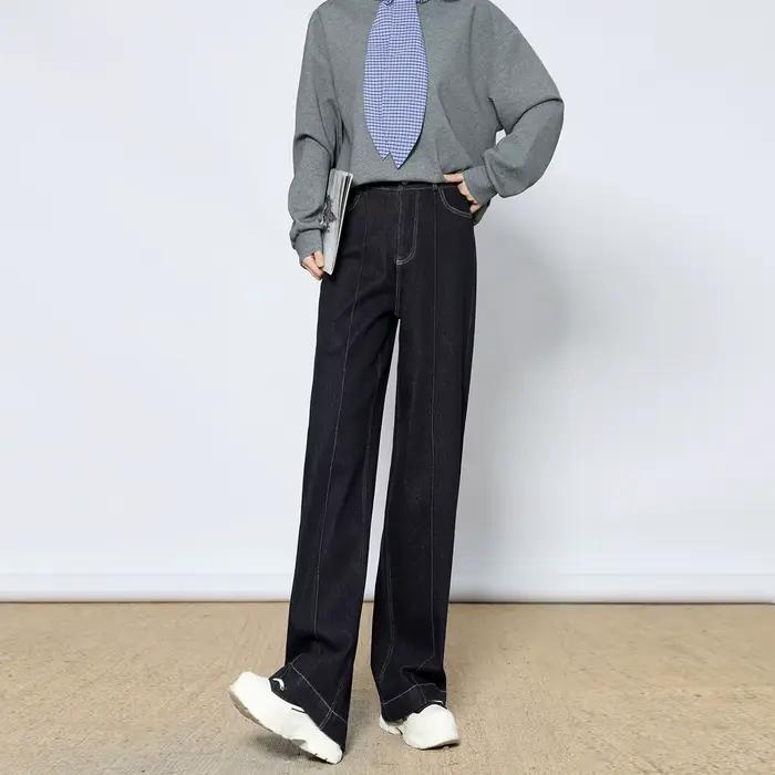 LOUIS YAO 2025 hiver épaissi taille haute jambe droite jean Long Micro élastique contraste bouton femmes pantalon